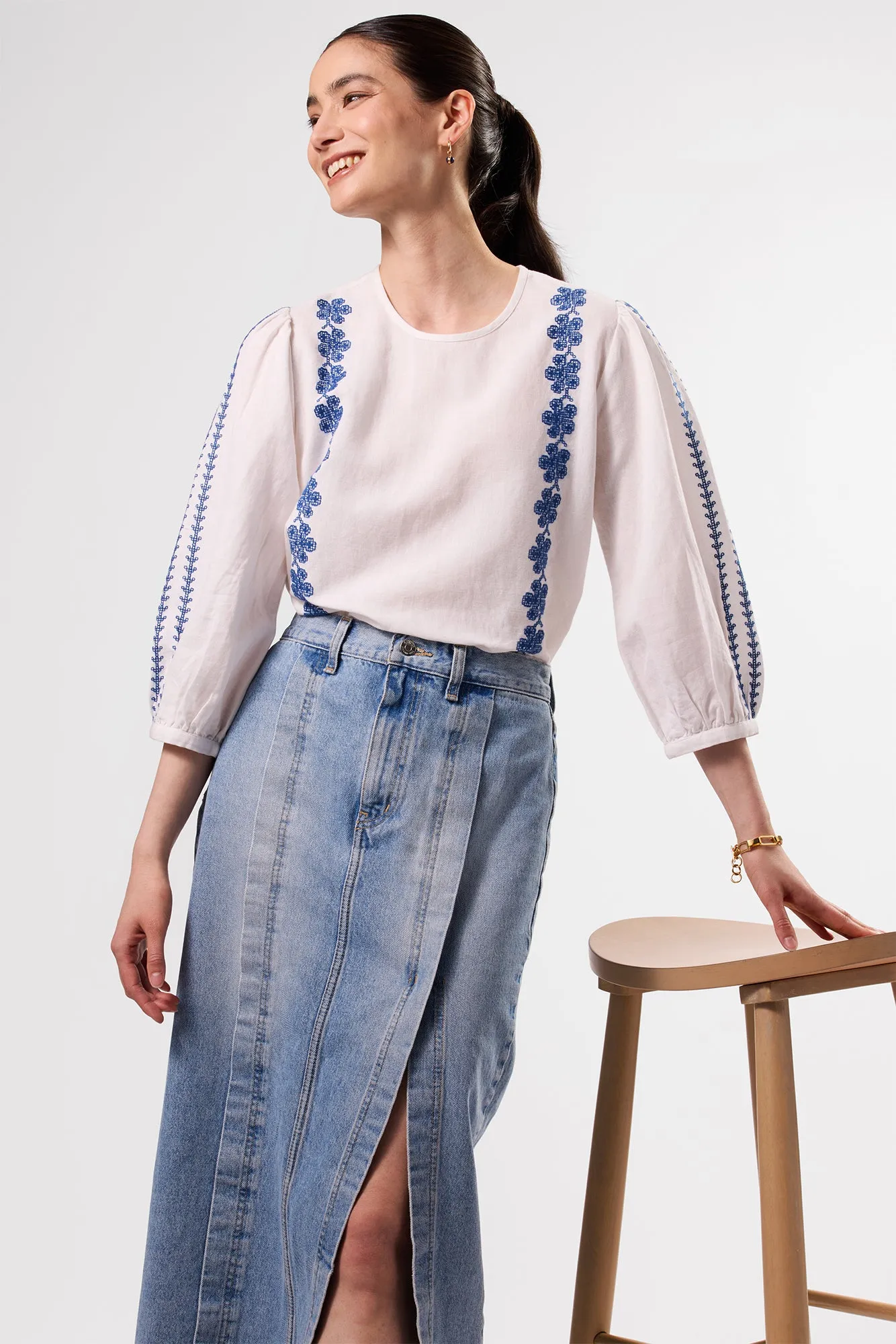 Placed Embroidery Blouse - White Cobalt Embroidery sold by Amour Vert