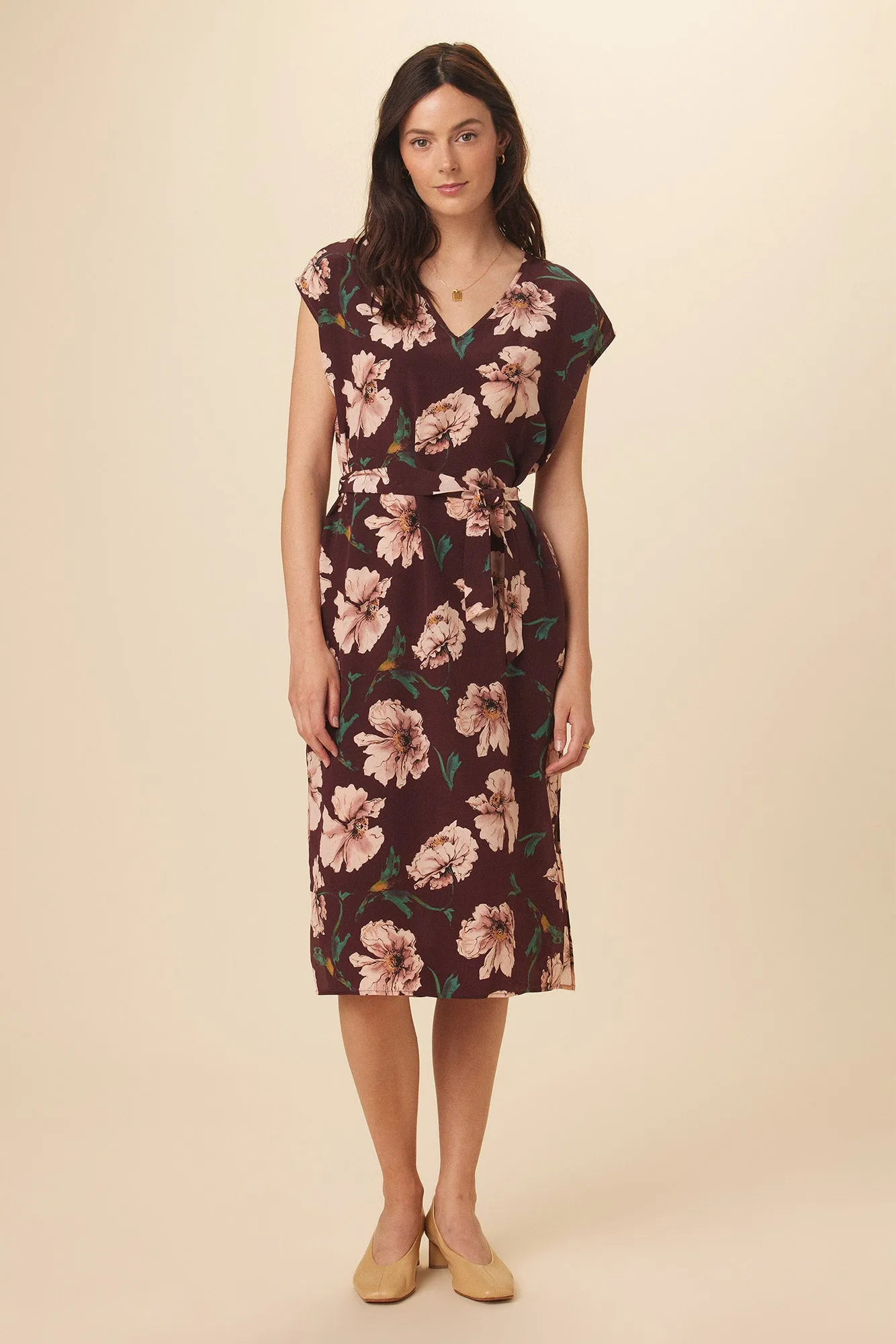 Cindra Washable Silk Midi Dress - Paysage Sepia sold by Amour Vert