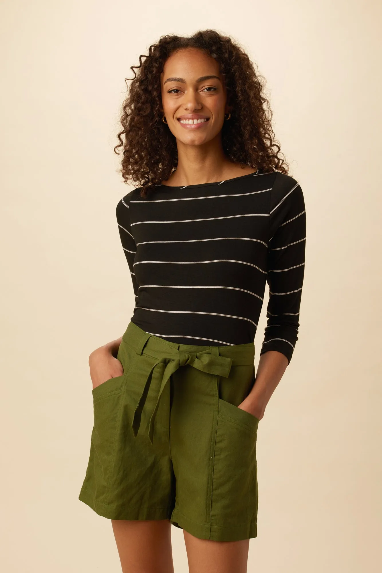 Francoise 3/4 Sleeve Modal Tee - Havana Stripe Black sold by Amour Vert