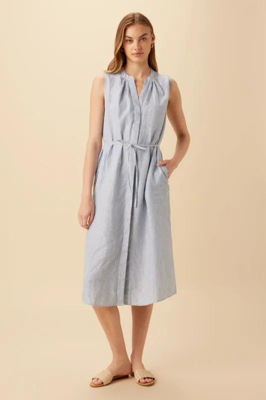 Kylen Linen Midi Dress - Blue Natural Stripe sold by Amour Vert