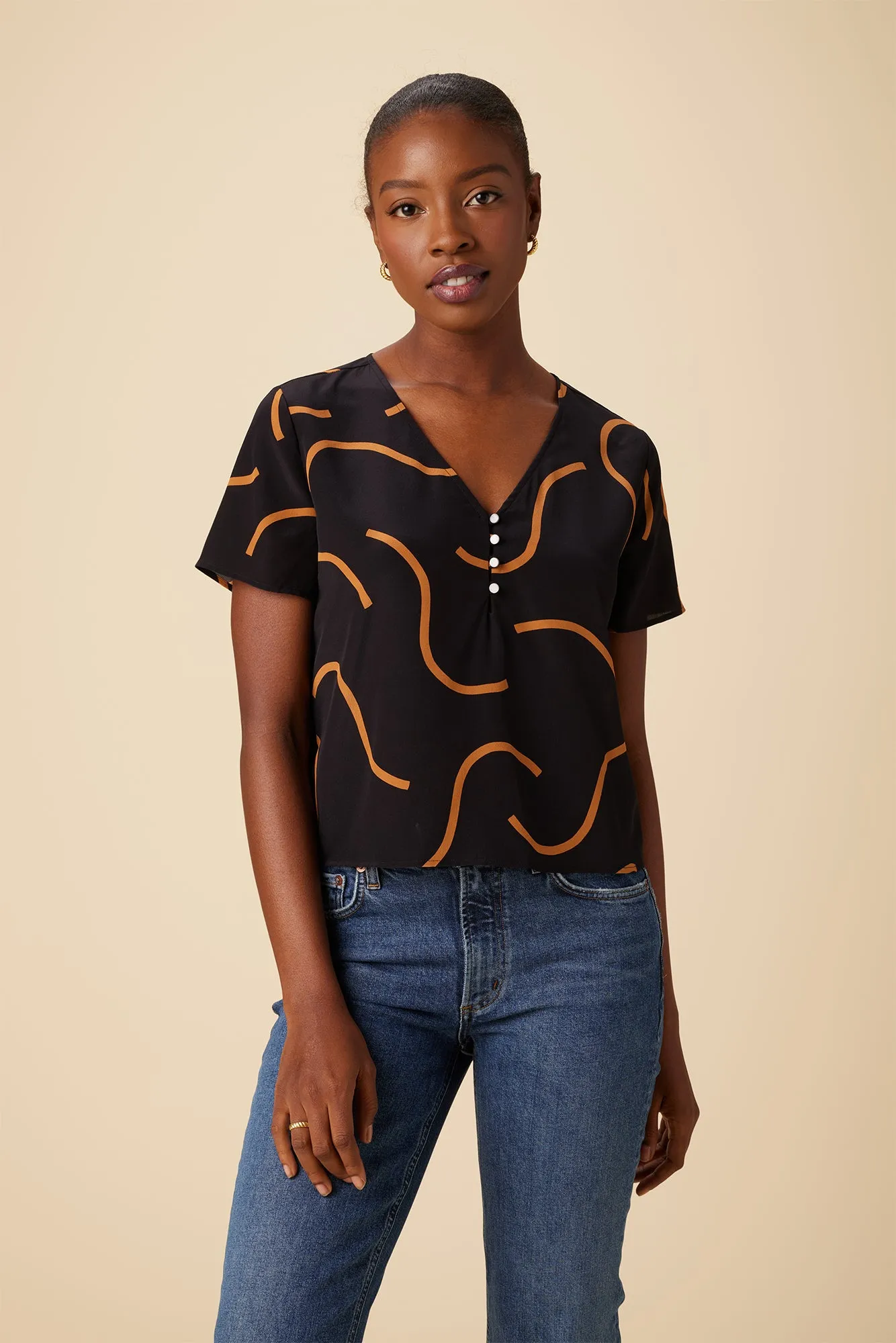 Suri Washable Silk Blouse - Waves Caramel sold by Amour Vert