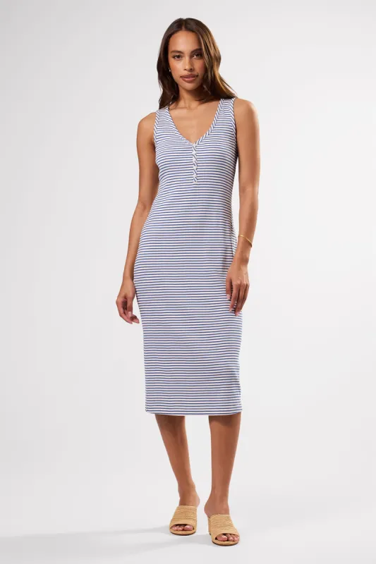 Deacon Organic Cotton Modal Rib Dress - Cannes Stripe Natural Aegean Blue sold by Amour Vert