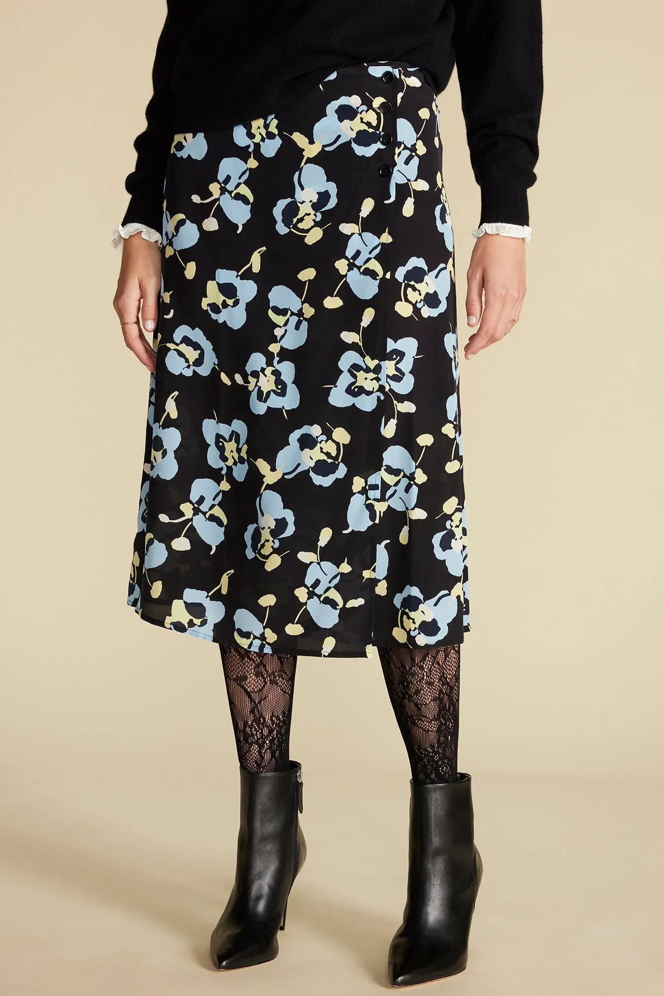 Gabrielle Washable Silk Skirt - Black Pensee Floral Print sold by Amour Vert
