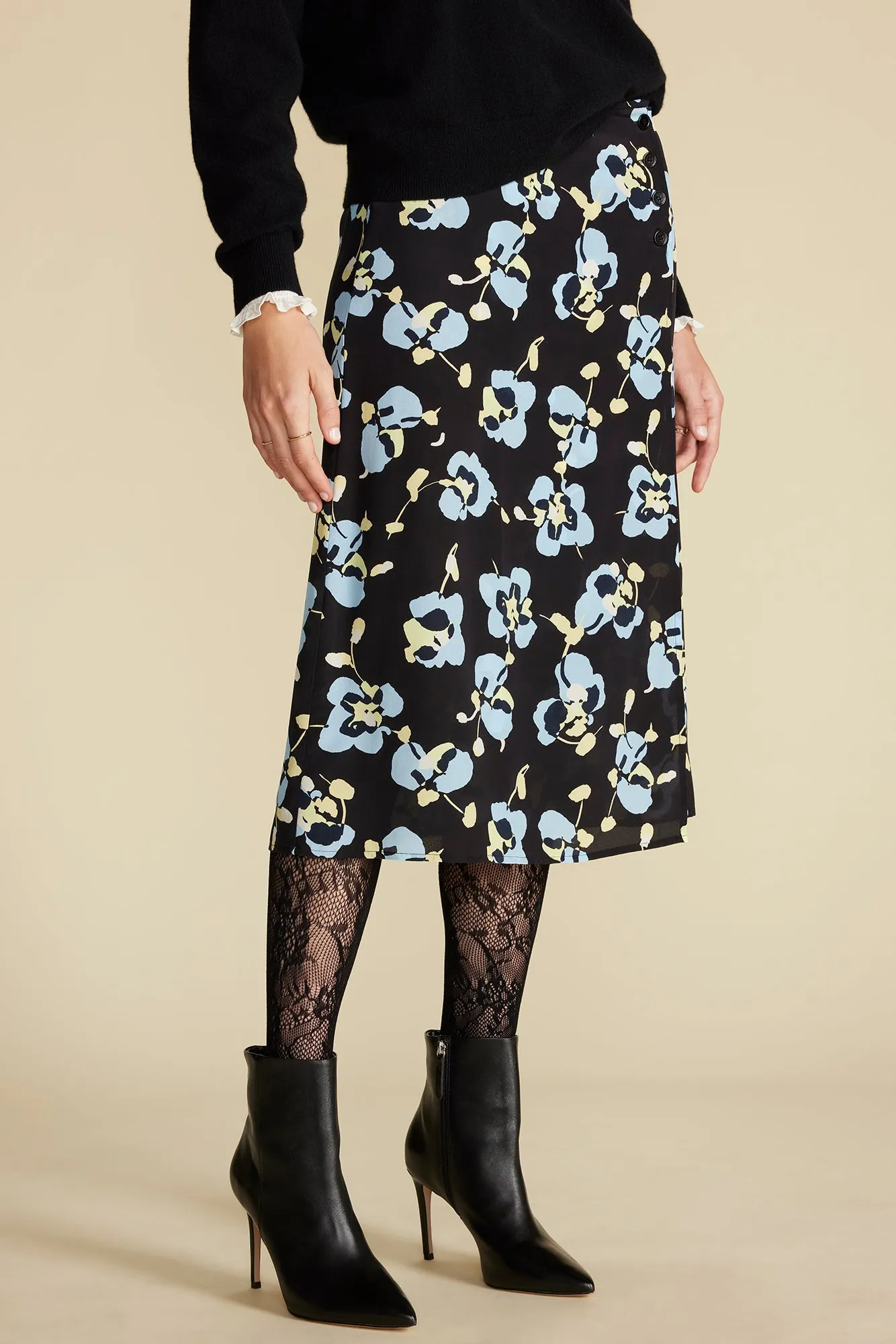 Gabrielle Washable Silk Skirt - Black Pensee Floral Print sold by Amour Vert product image thumbnail 3