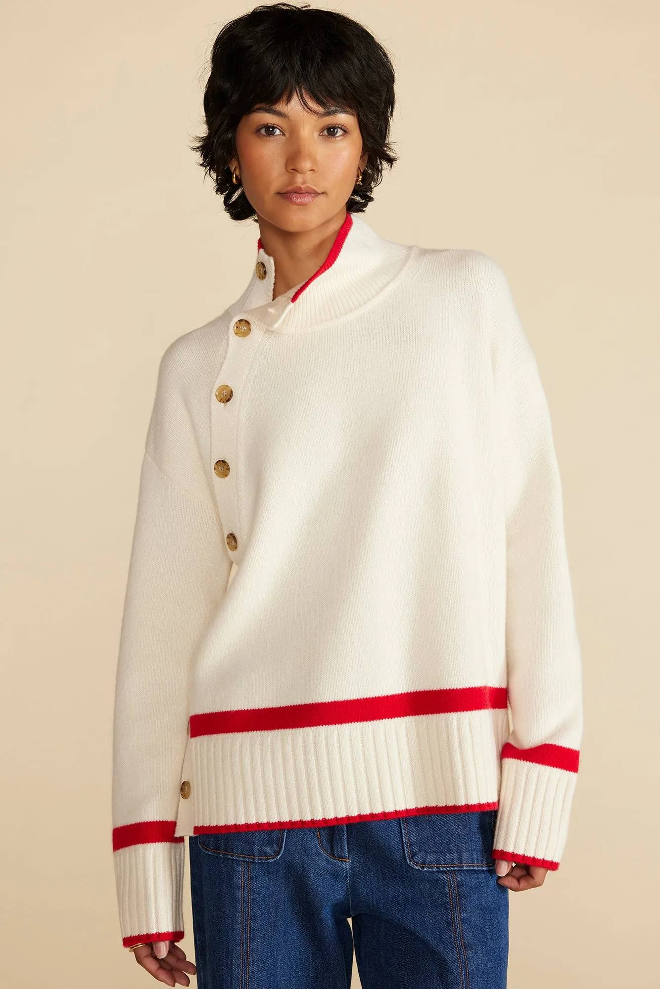Leonie Stripe Turtleneck Sweater - Ivory and Red Stripe sold by Amour Vert