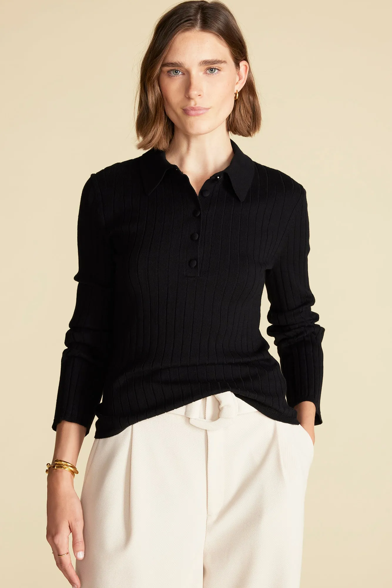 Lorraine Merino Wool Henley Sweater - Black sold by Amour Vert
