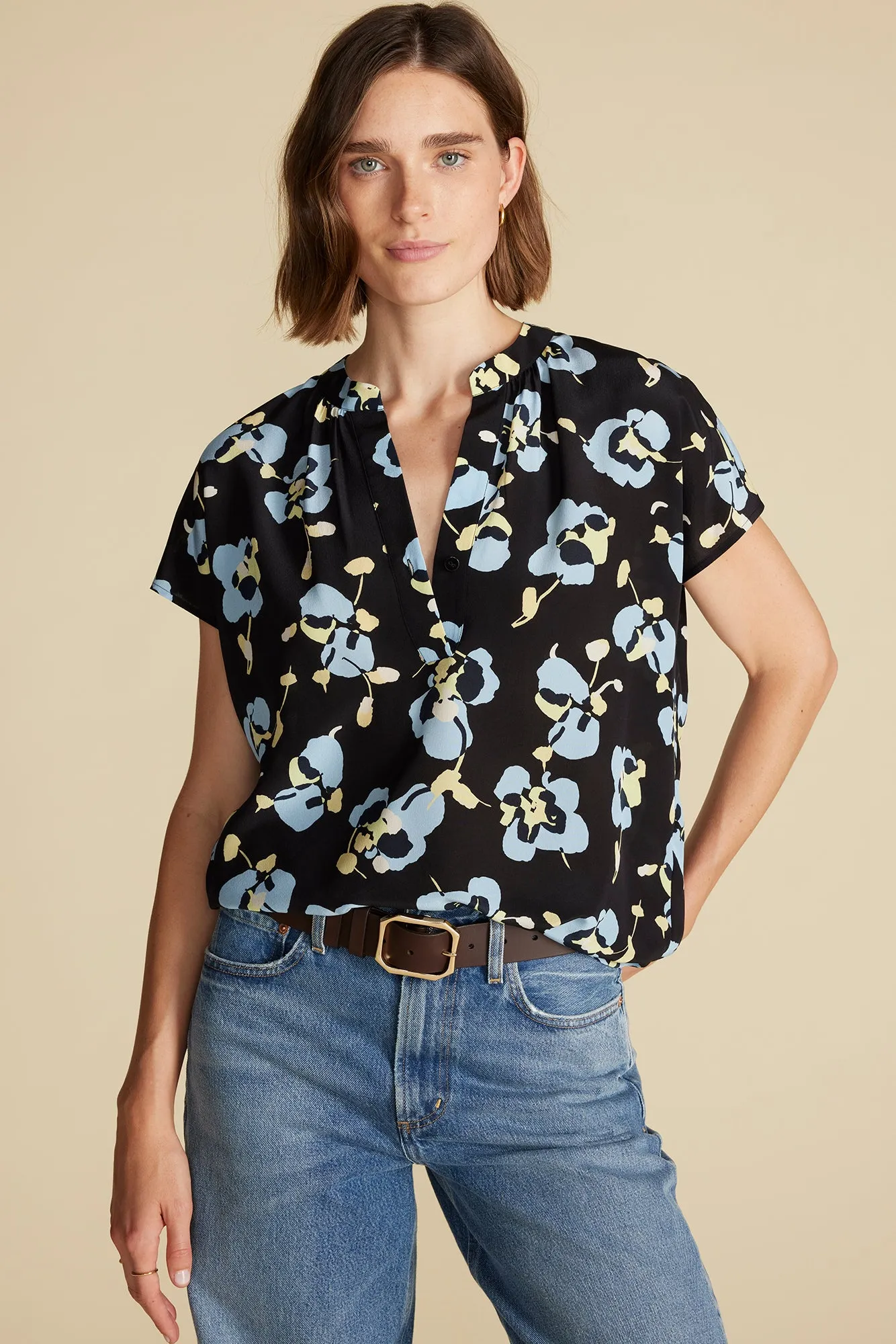 Renata Washable Silk Blouse - Black Pensee Floral Print sold by Amour Vert