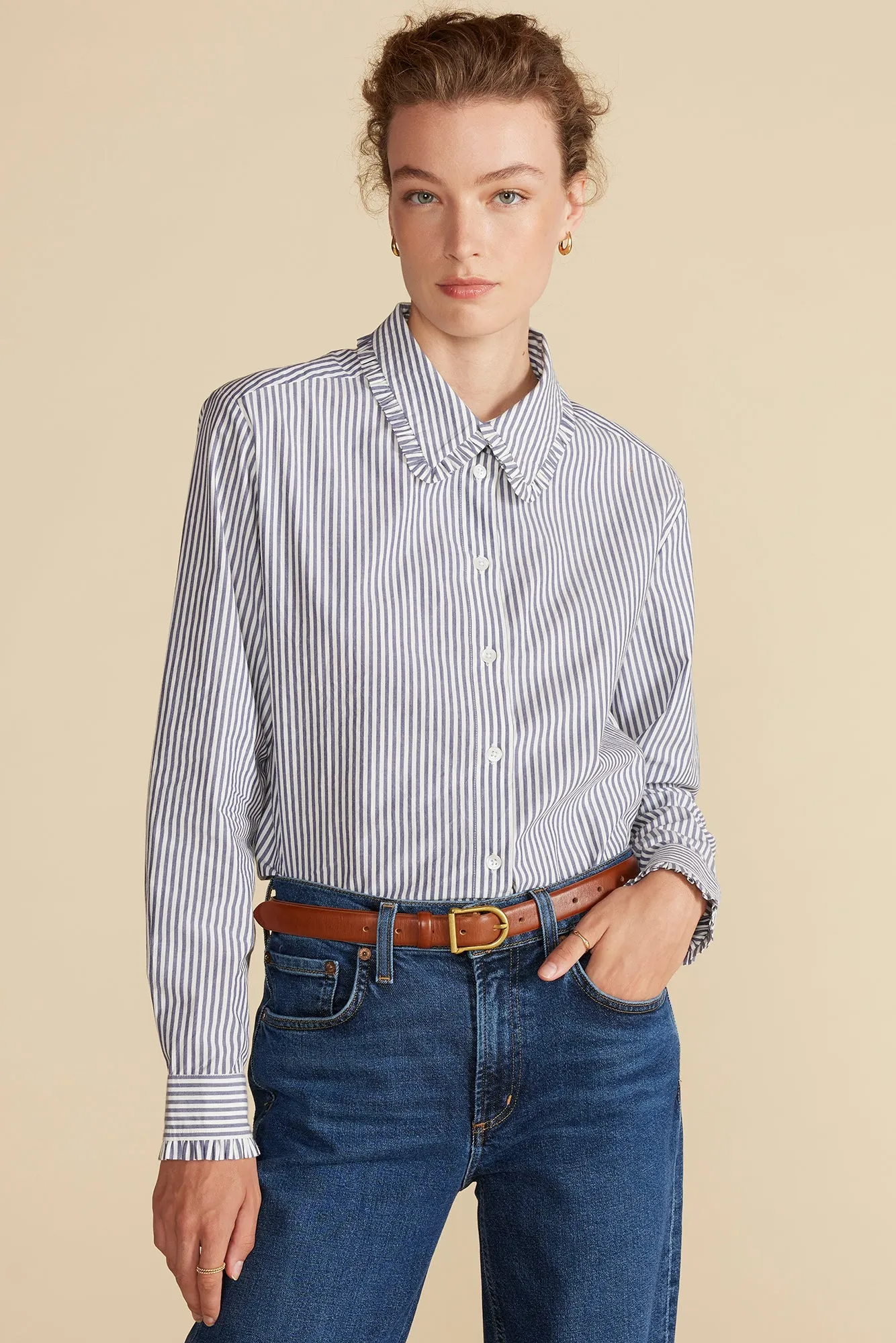 Edelie Ruffled Poplin Shirt - Bayeux Navy Blue and Ivory Stripe sold by Amour Vert