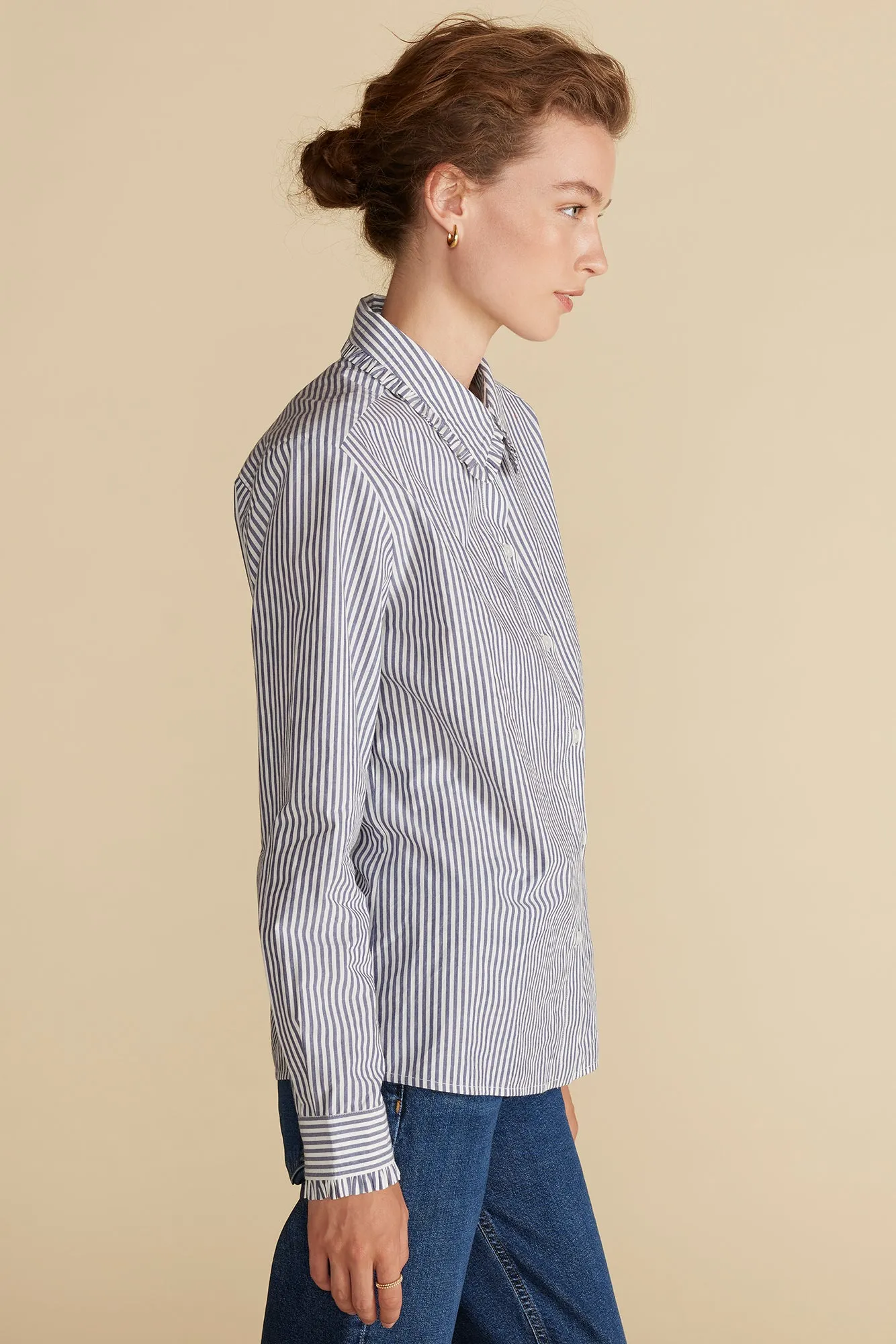 Edelie Ruffled Poplin Shirt - Bayeux Navy Blue and Ivory Stripe sold by Amour Vert product image thumbnail 3