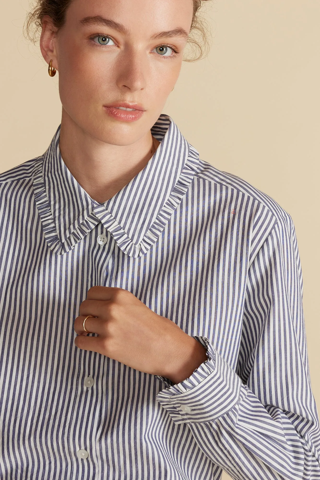 Edelie Ruffled Poplin Shirt - Bayeux Navy Blue and Ivory Stripe sold by Amour Vert product image thumbnail 2