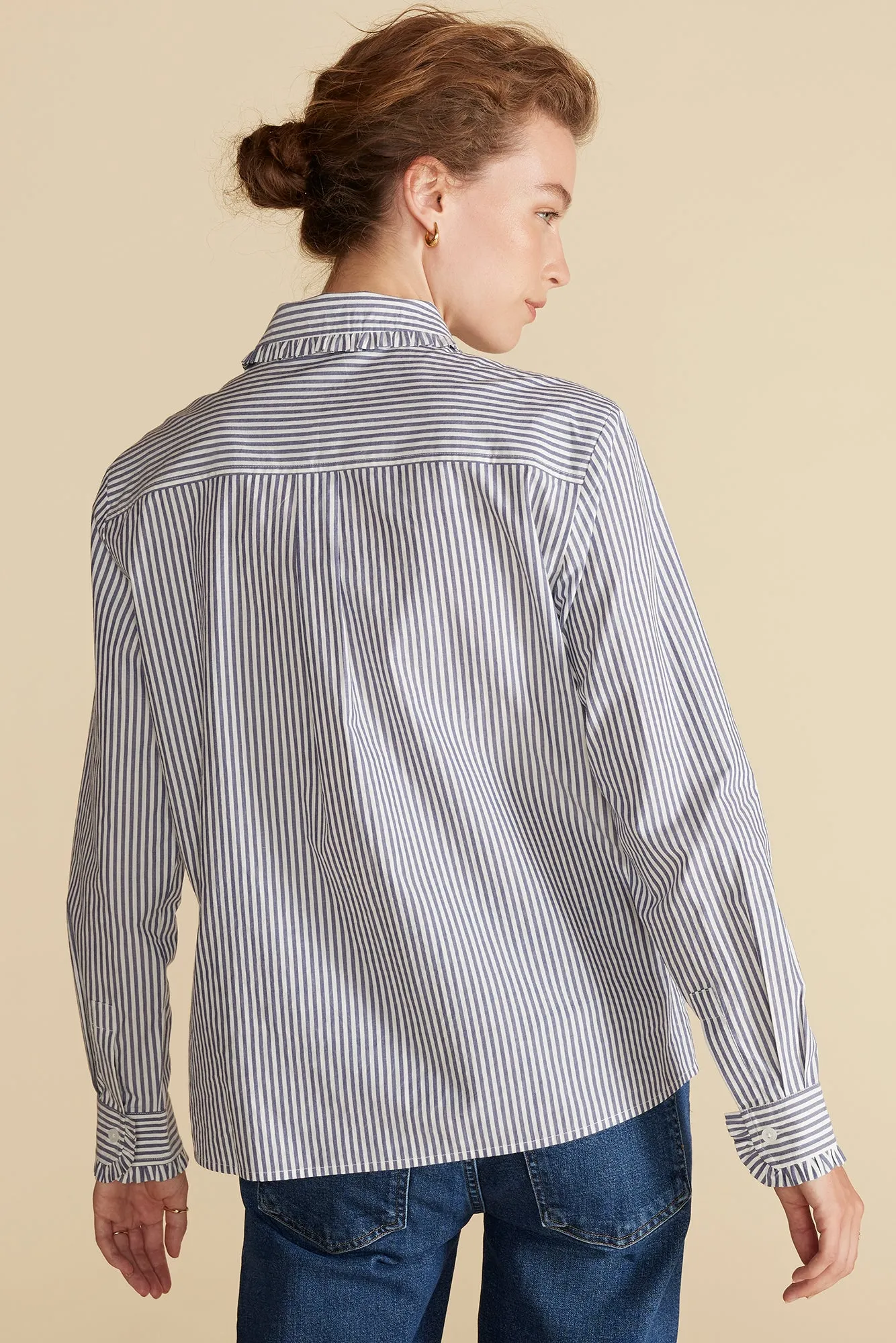 Edelie Ruffled Poplin Shirt - Bayeux Navy Blue and Ivory Stripe sold by Amour Vert product image thumbnail 4