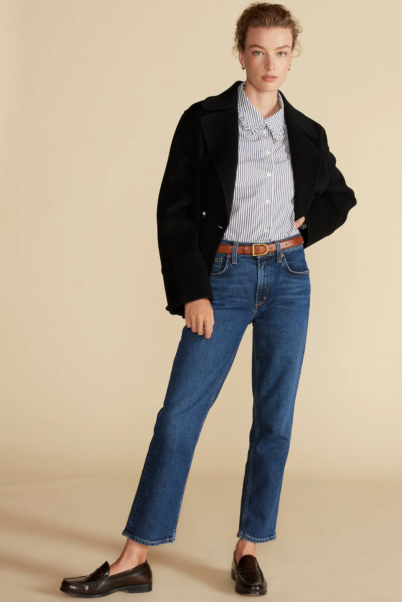 Edelie Ruffled Poplin Shirt - Bayeux Navy Blue and Ivory Stripe sold by Amour Vert product image thumbnail 5