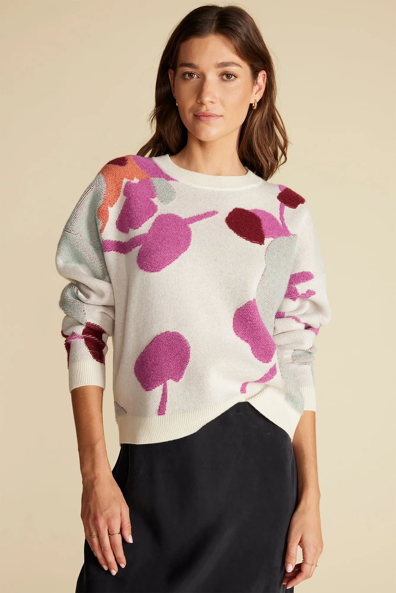 Rowan Jacquard Crew Neck Sweater - Ivory Pensee Print sold by Amour Vert