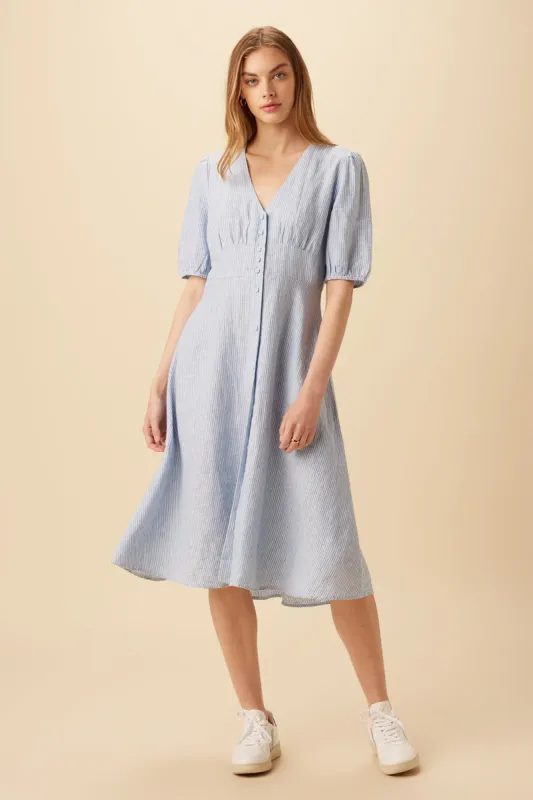 Odette Linen Dress - Blue Natural Stripe - ReAmour sold by Amour Vert