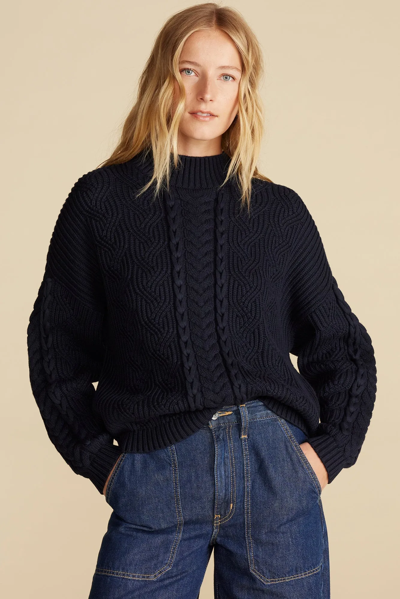 Celeste Cable Cotton Merino Sweater - Navy Blue sold by Amour Vert