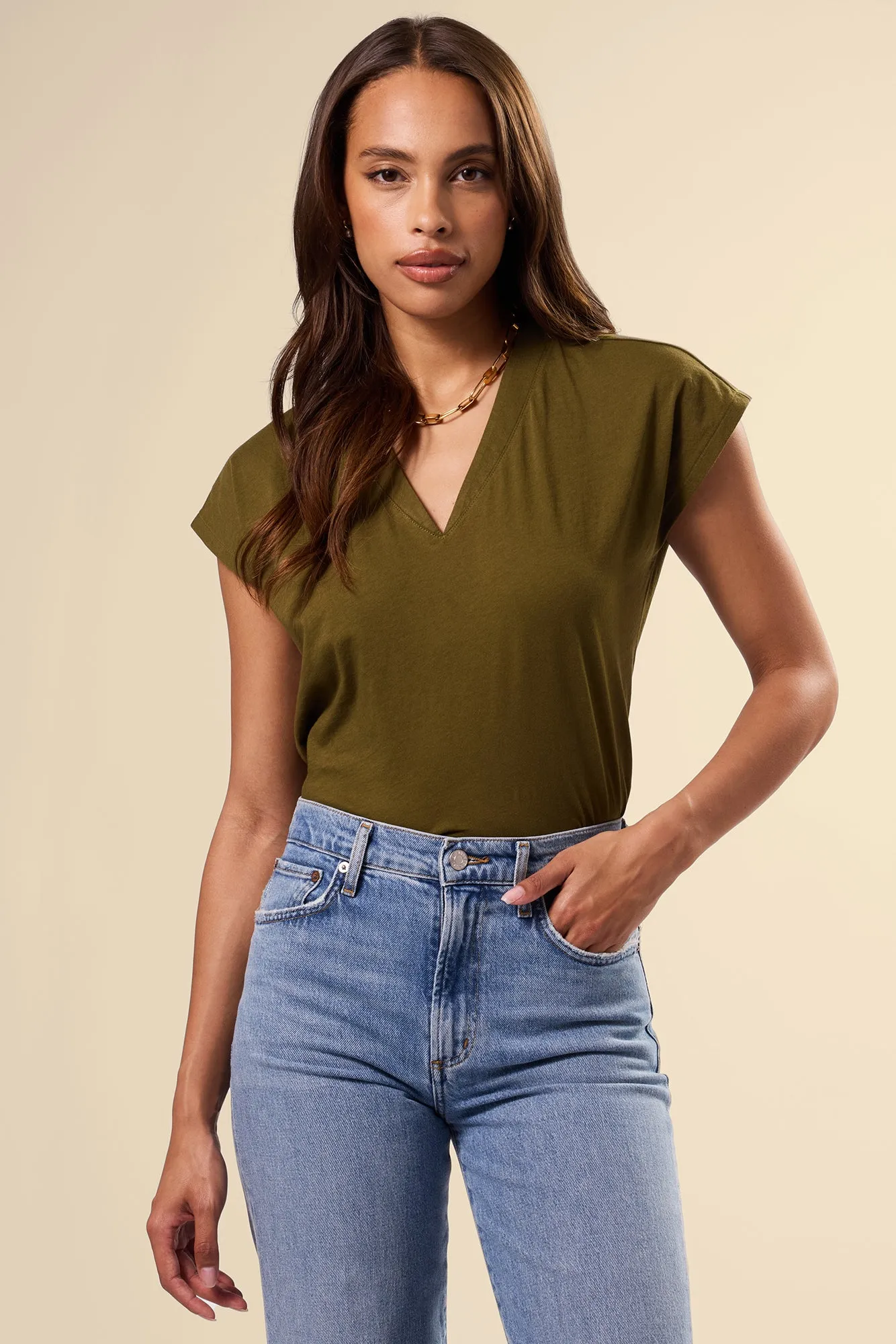 V Neck Solid Tee - Olive Green sold by Amour Vert