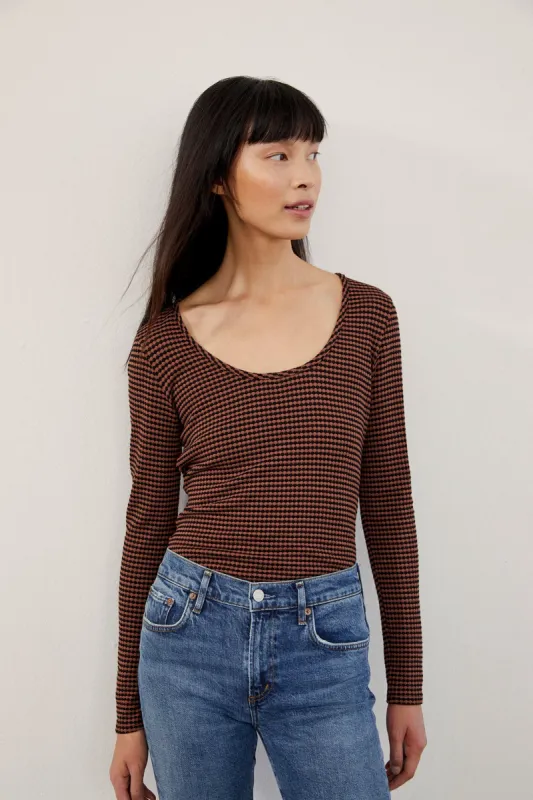 Itana Long Sleeve Scallop Knit Tee - Black Brown made by Amour Vert