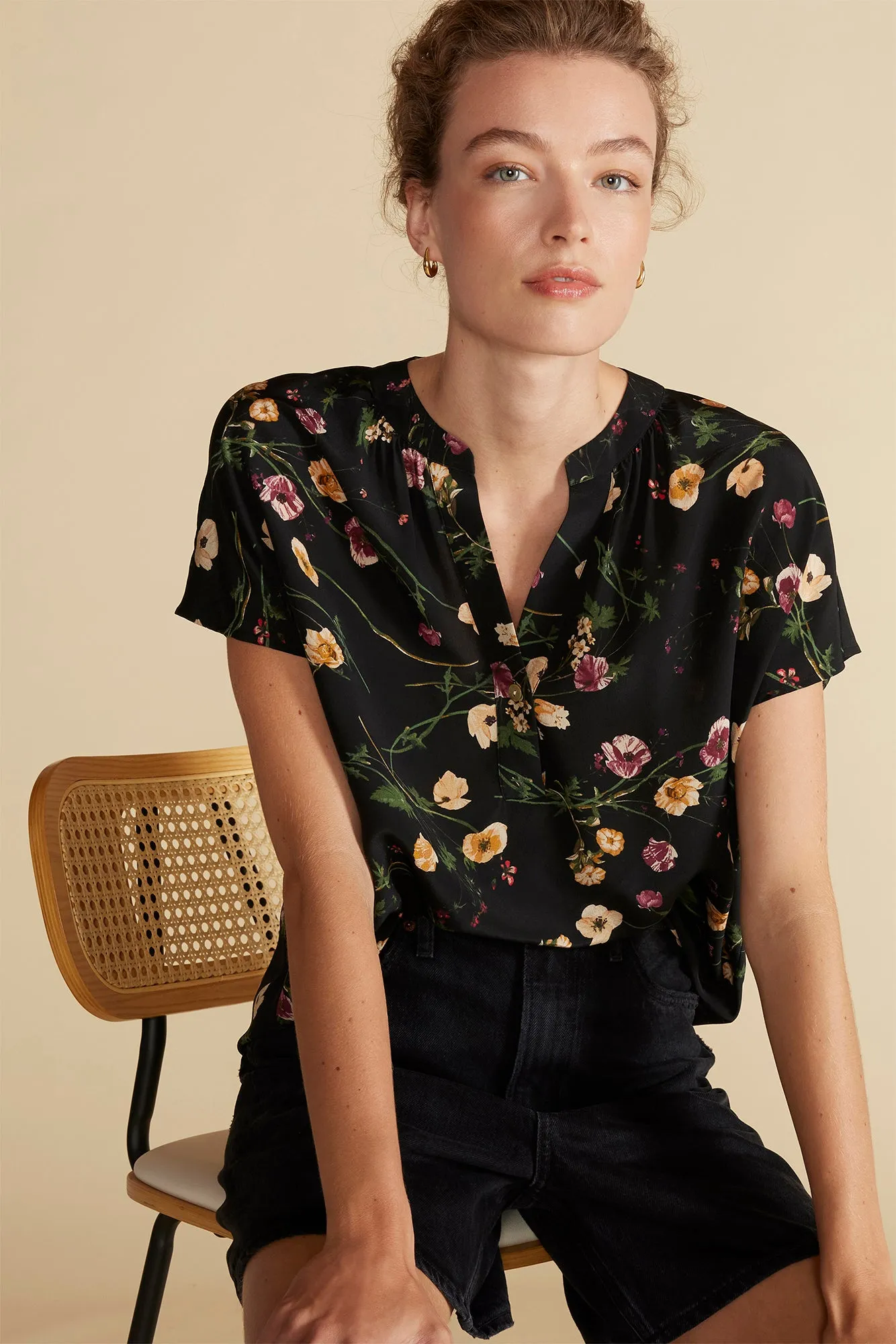 Renata Washable Silk Blouse - Black Margeuritte Wildflower Print sold by Amour Vert product image thumbnail 2