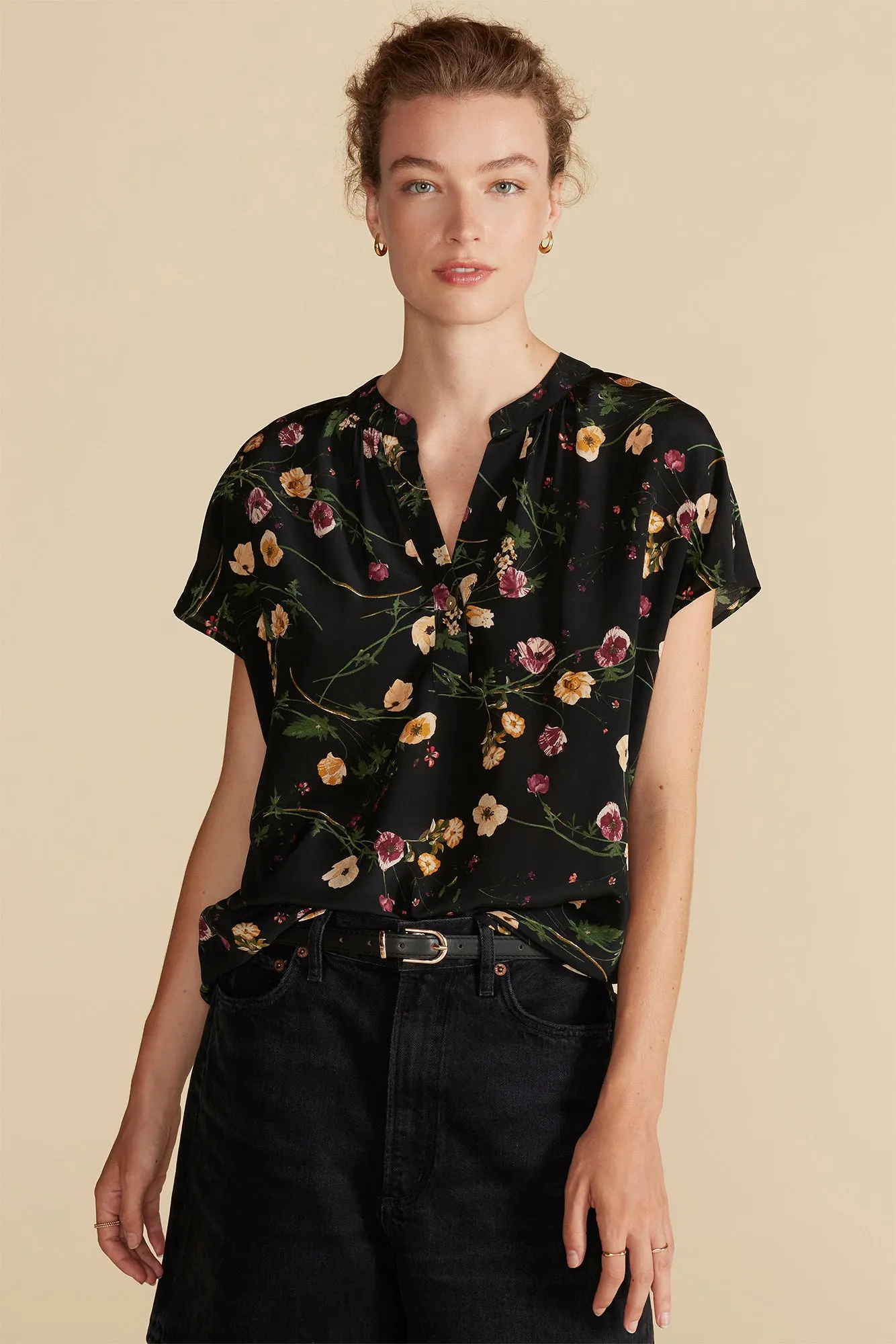 Renata Washable Silk Blouse - Black Margeuritte Wildflower Print sold by Amour Vert product image thumbnail 3