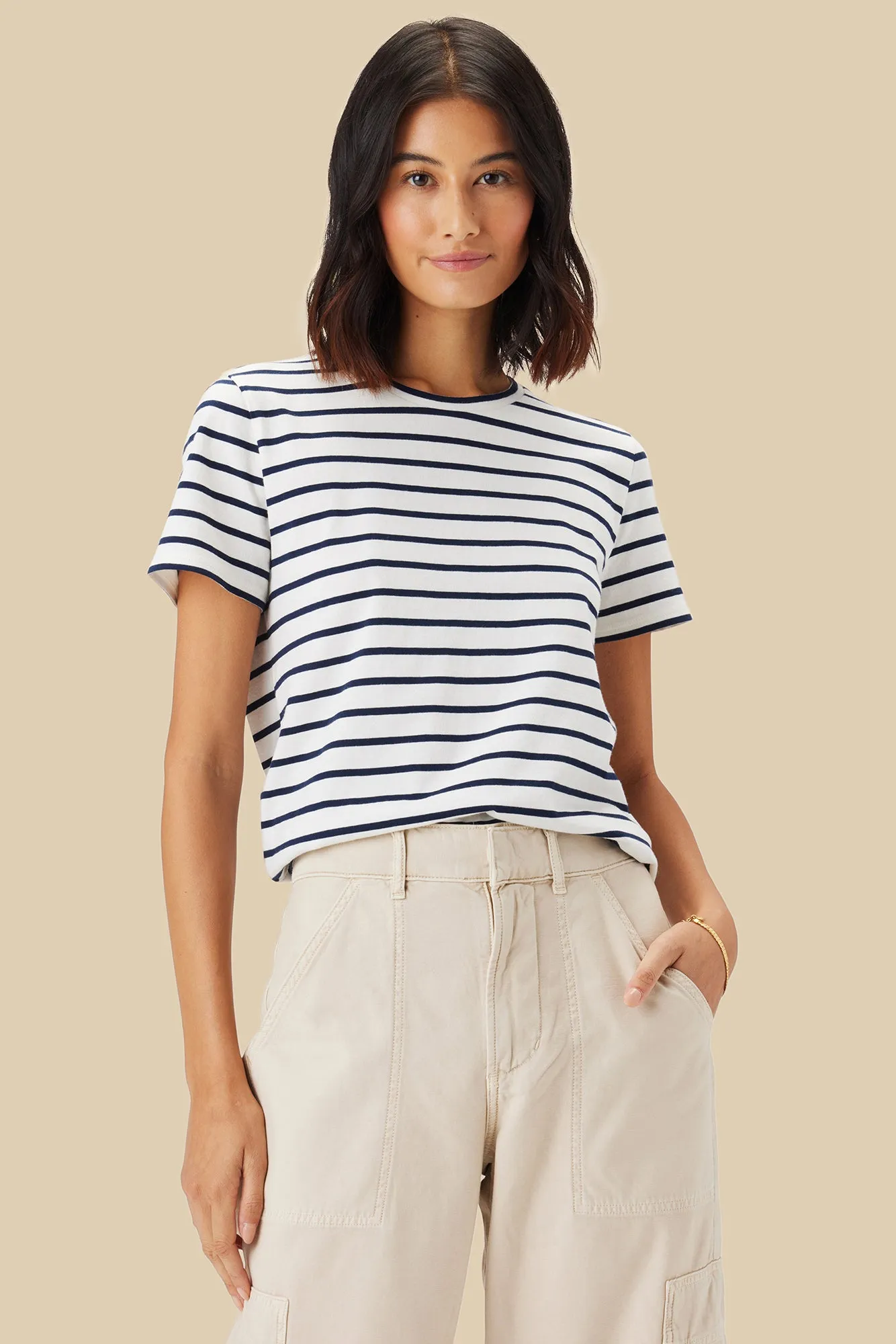 Berkeley Organic Cotton Tee - Ivory Navy Blue Stripe sold by Amour Vert