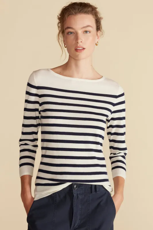 Fran Boatneck Striped Cashmere Sweater - Ivory and Navy Blue Stripe sold by Amour Vert