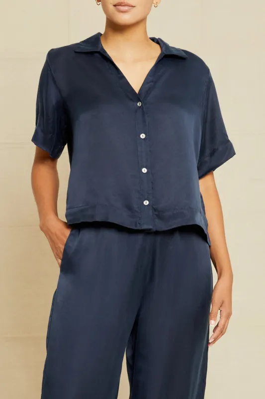 Monroe Cottonseed Cupro Pajama Top - Navy made by Amour Vert
