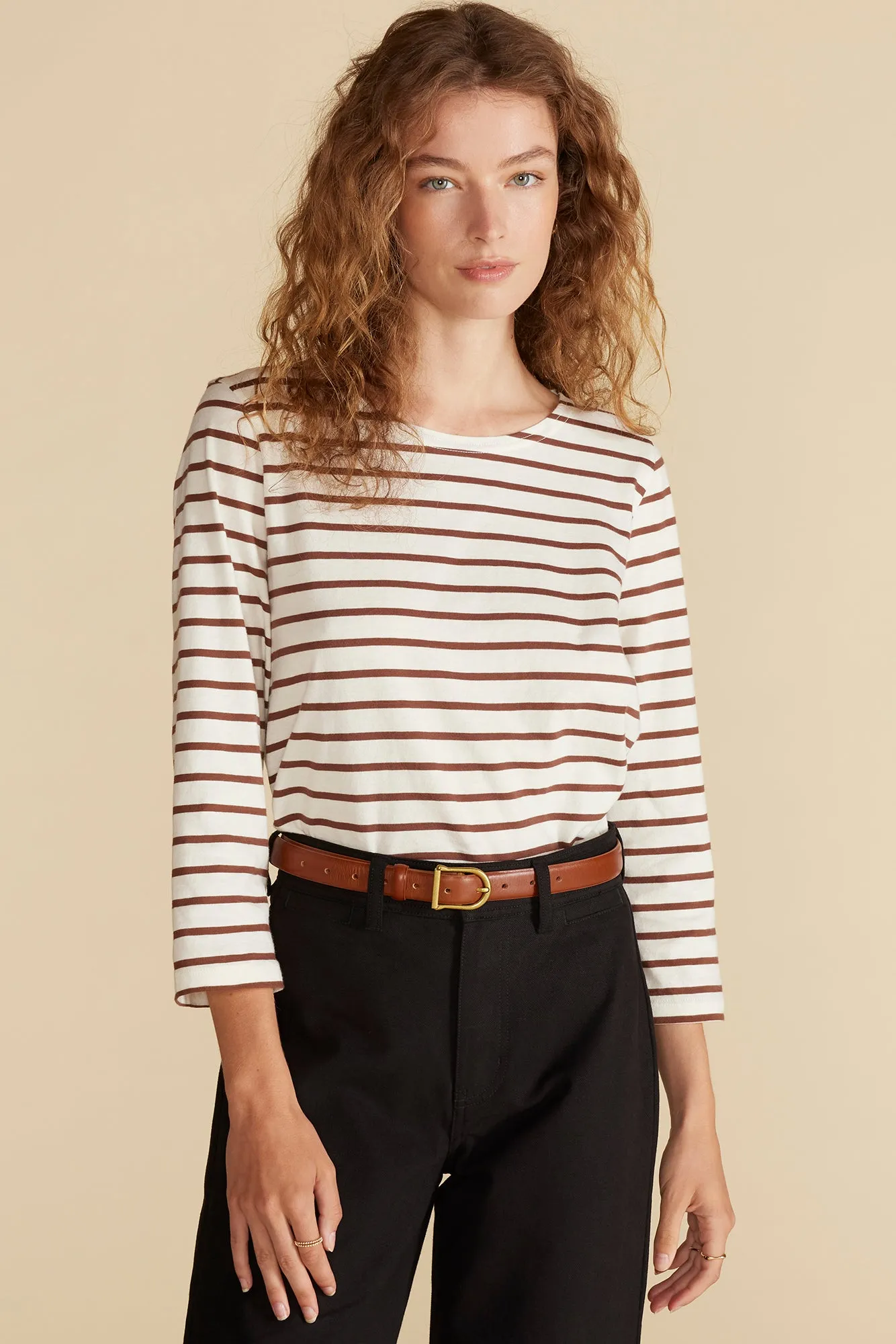 Francoise Organic Cotton Tee - Ivory and Espresso Brown Stripe sold by Amour Vert
