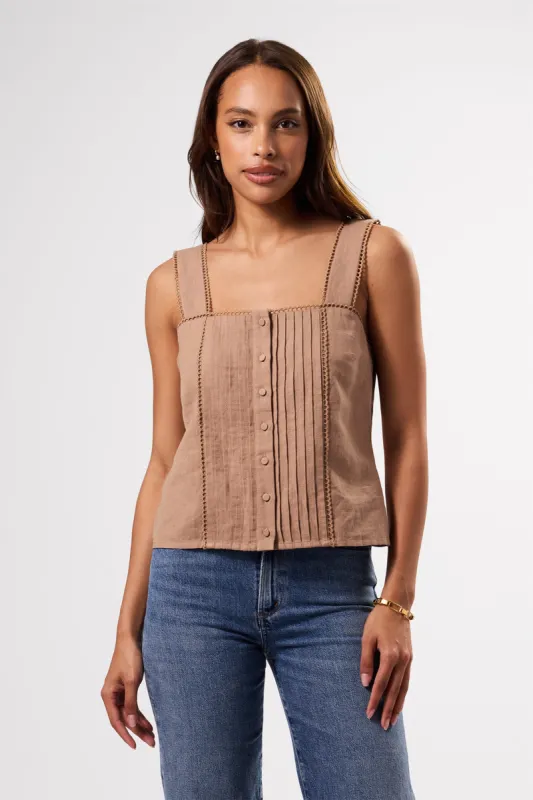 Crochet Trim Cotton Linen Tank - Sand sold by Amour Vert
