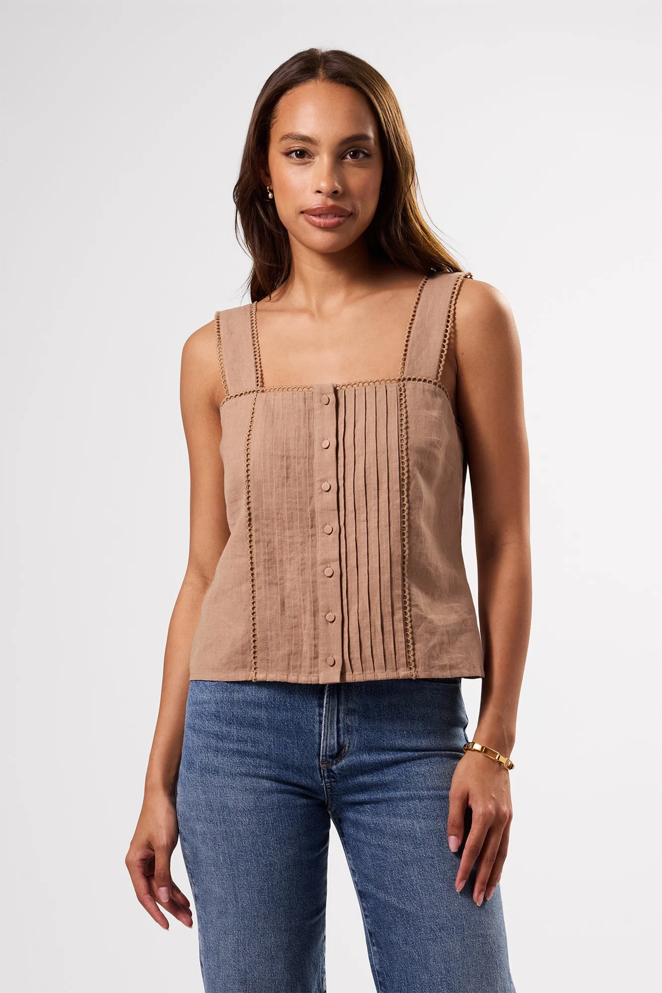Crochet Trim Cotton Linen Tank - Sand sold by Amour Vert