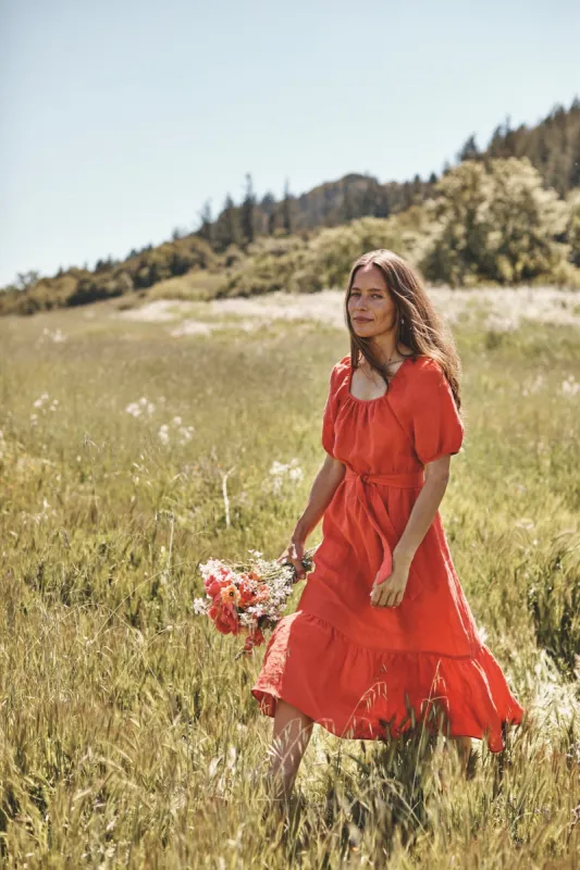 Michelle Linen Midi Dress - Carmine sold by Amour Vert