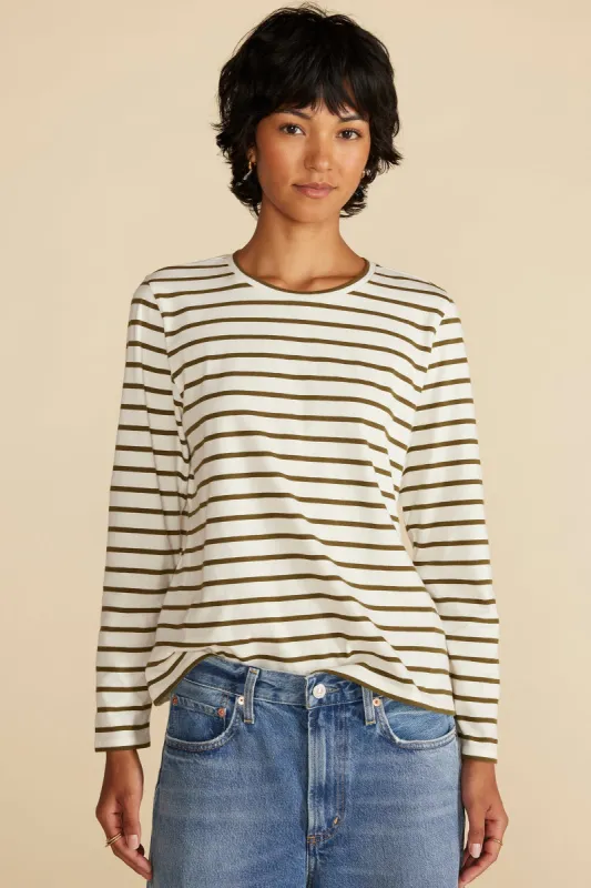 Berkeley Long Sleeve Tee - Ivory and Olive Green Stripe sold by Amour Vert