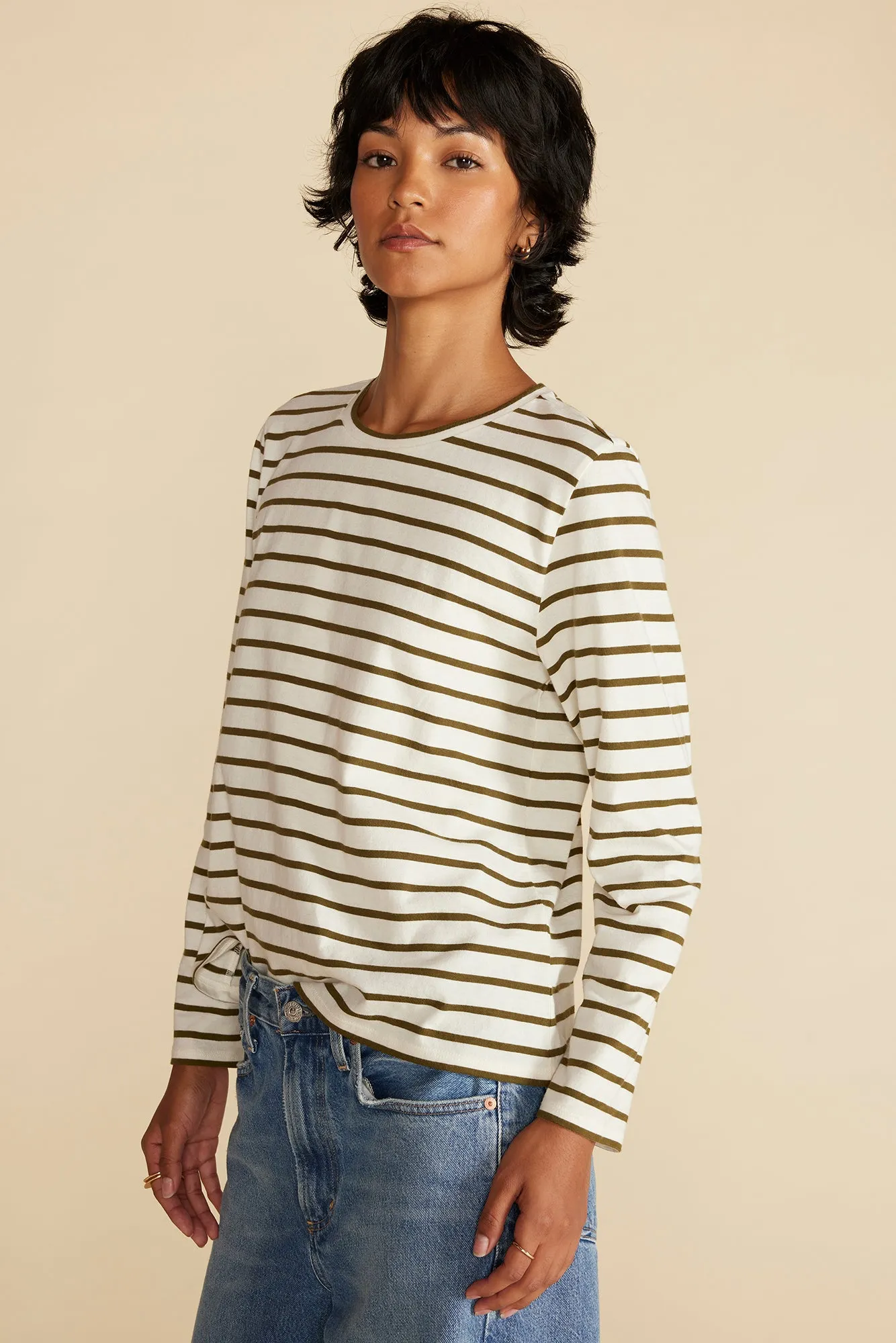 Berkeley Long Sleeve Tee - Ivory and Olive Green Stripe sold by Amour Vert product image thumbnail 3