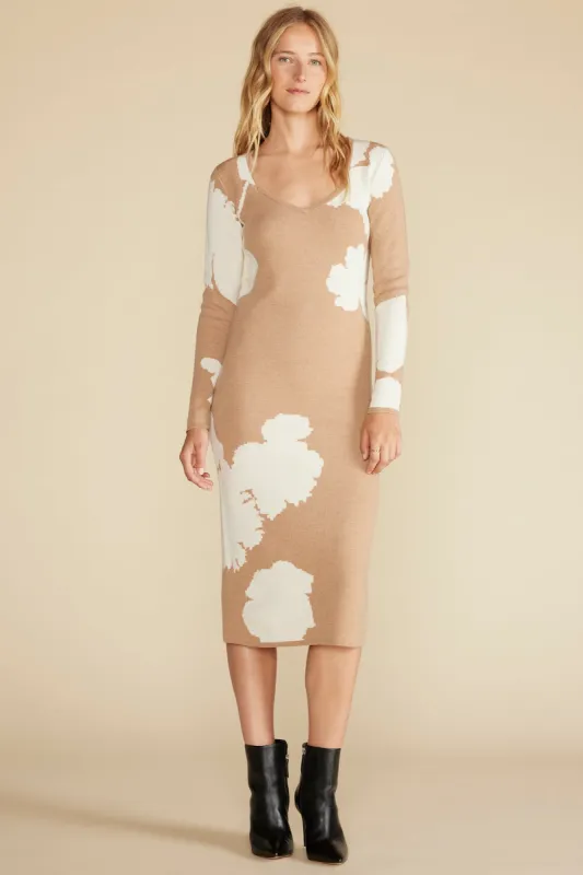 Orane Wool Jacquard Sweater Dress - Camel and Ivory Abstract Floral sold by Amour Vert
