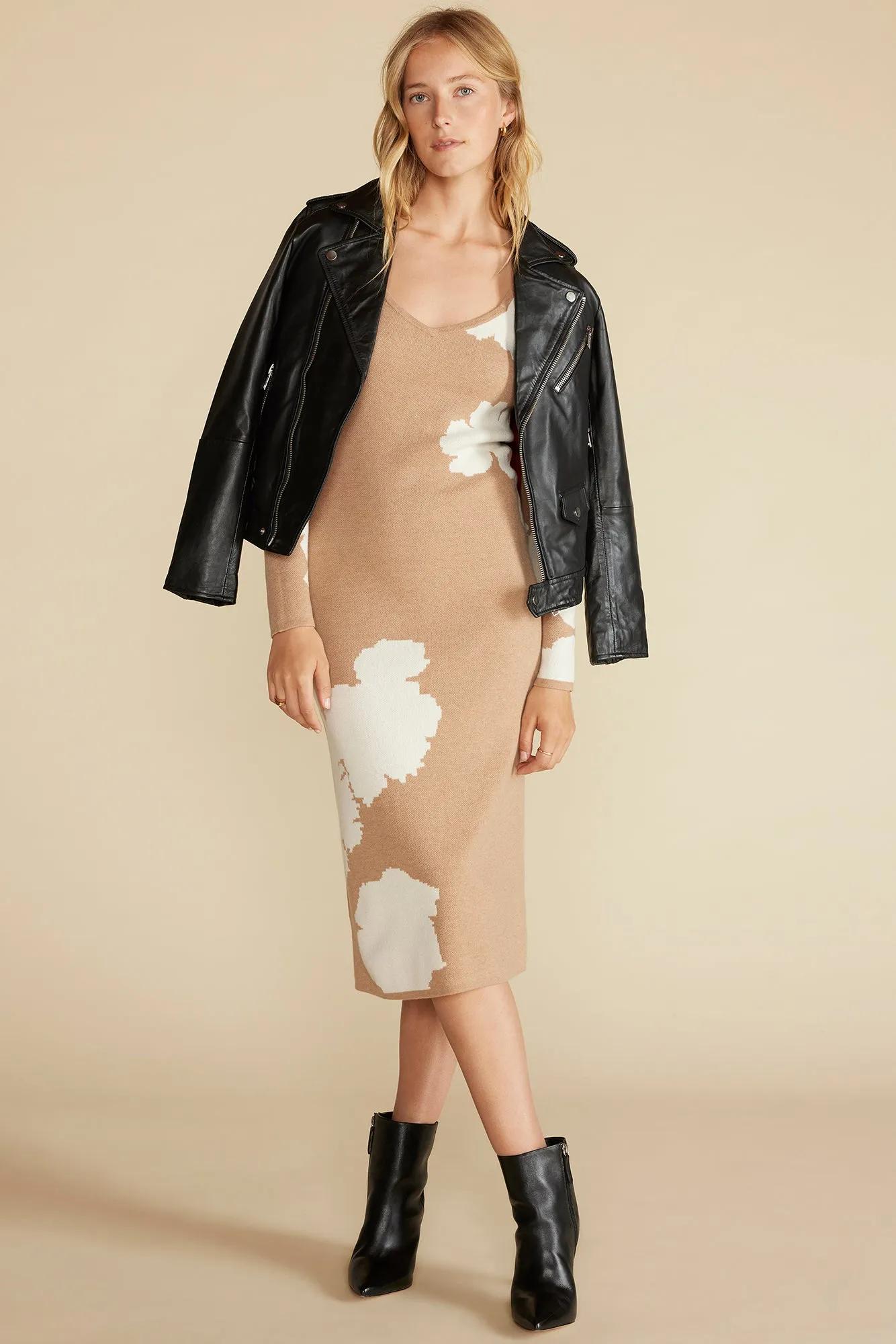 Orane Wool Jacquard Sweater Dress - Camel and Ivory Abstract Floral sold by Amour Vert product image thumbnail 5