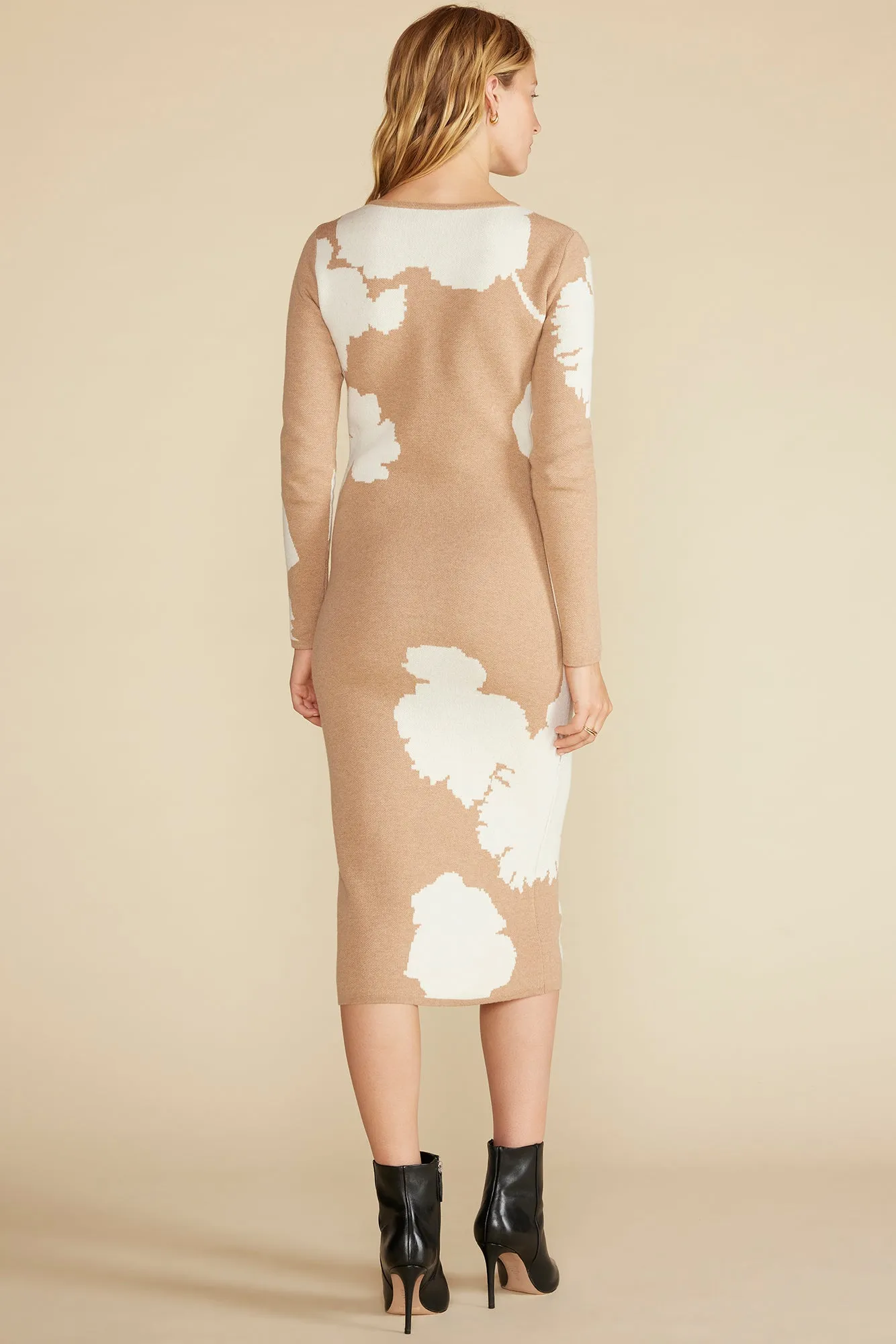 Orane Wool Jacquard Sweater Dress - Camel and Ivory Abstract Floral sold by Amour Vert product image thumbnail 4
