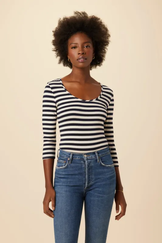 Cara 3/4 Sleeve Reverie Knit Tee - Navy and Ivory Stripe sold by Amour Vert
