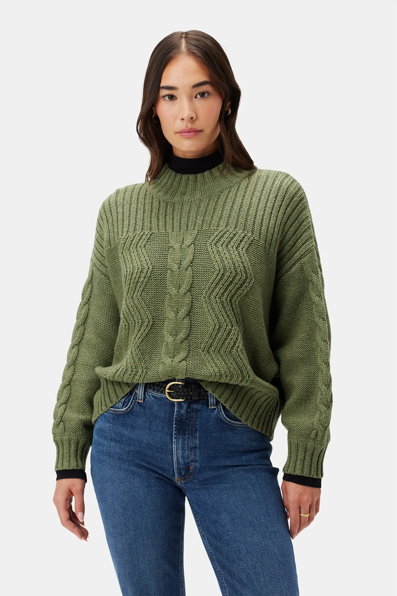 Cameryn Cable Knit Wool Sweater - Olive Green sold by Amour Vert