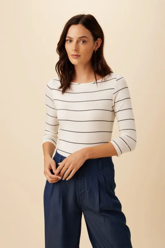 Francoise 3/4 Sleeve Modal Tee - White Havana Stripe - ReAmour sold by Amour Vert
