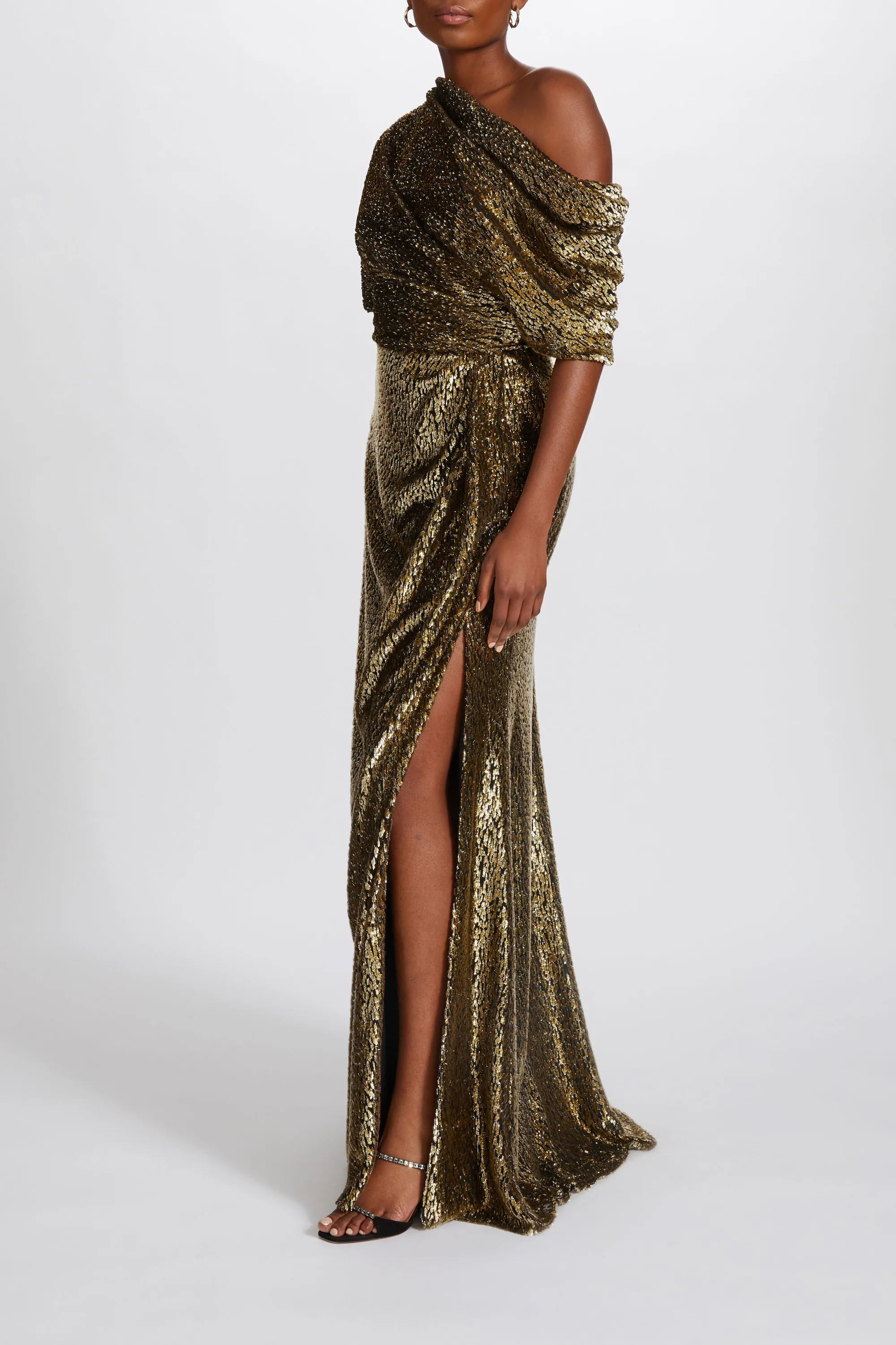 Gold Lamé Draped Slouch Gown sold by Amsale