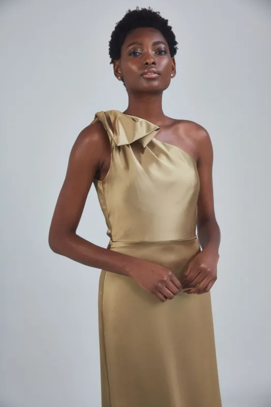 P395S - One-Shoulder Bow Gown - Olive sold by Amsale