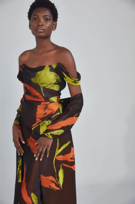 P408J - Tulip Jacquard Gown - Chocolate-Multi sold by Amsale