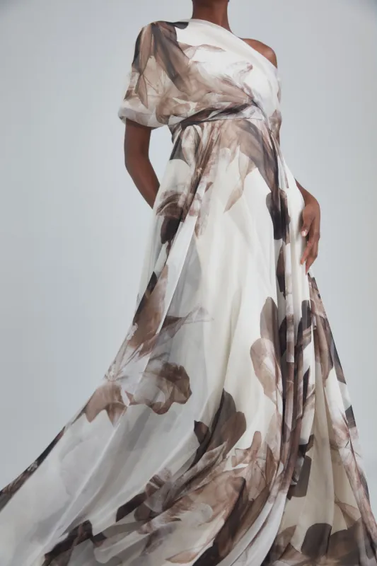 P405C - Printed Chiffon Draped Gown sold by Amsale