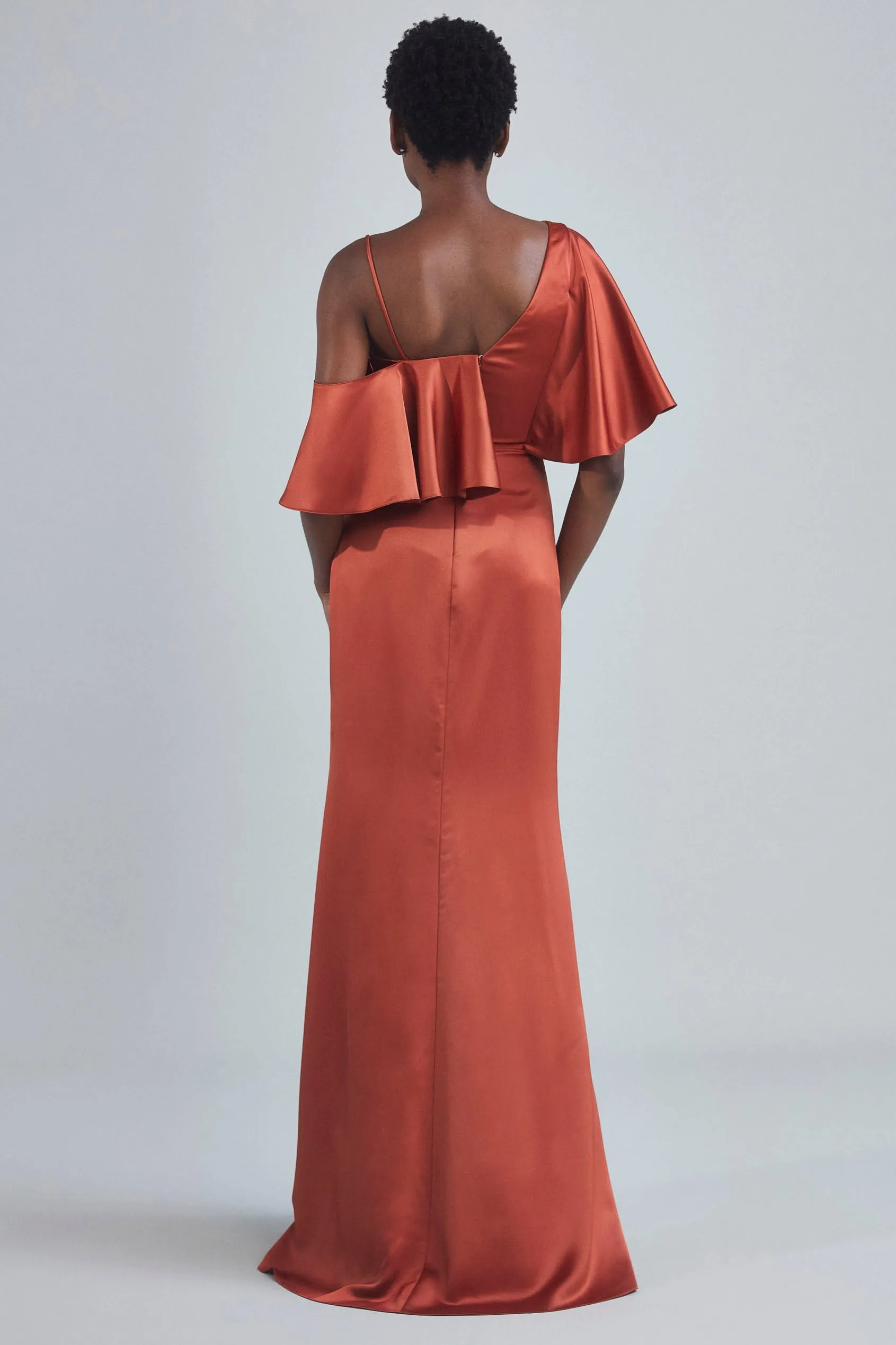 P396S - Asymmetrical Sleeve Column Dress - Emerald sold by Amsale product image thumbnail 5