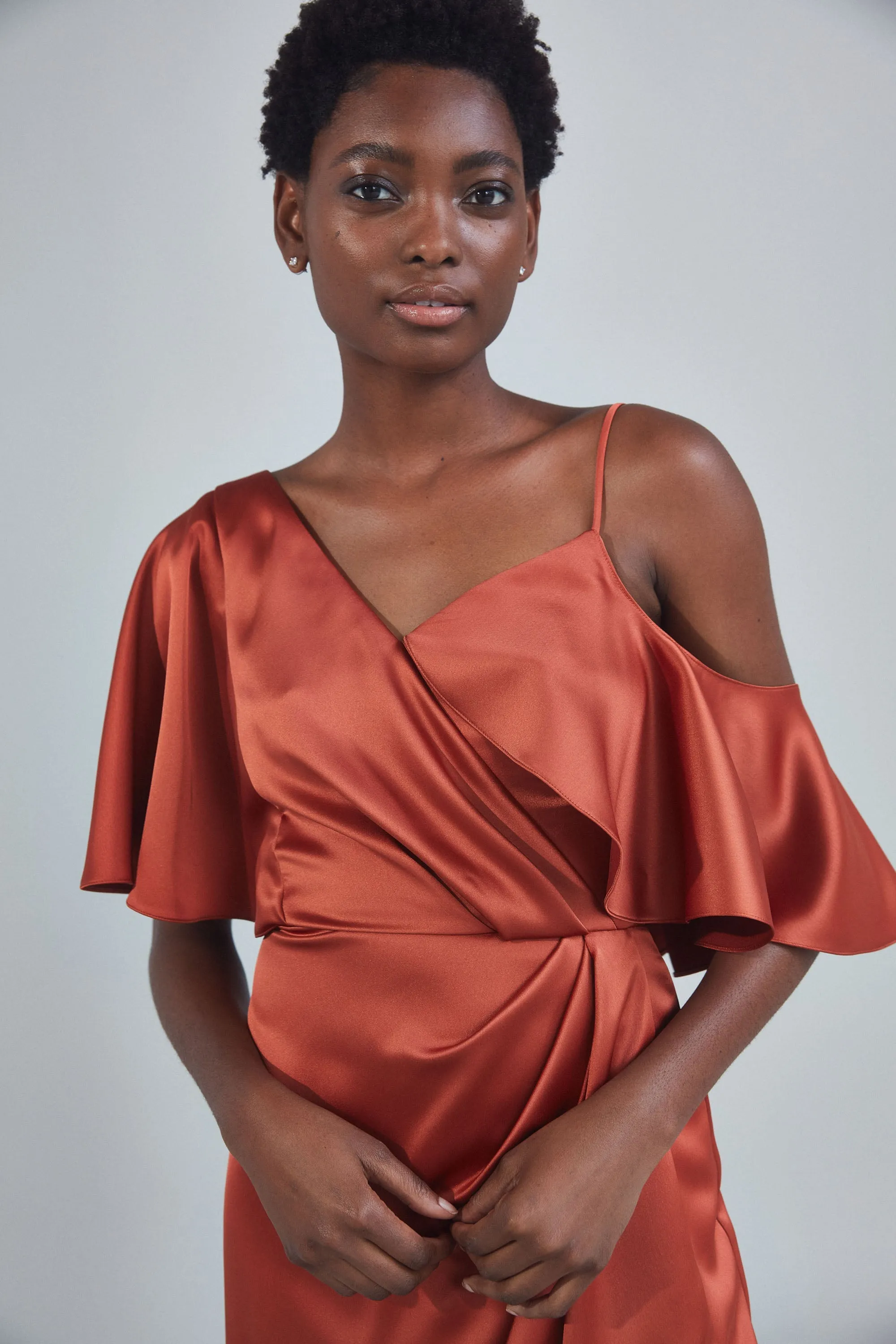 P396S - Asymmetrical Sleeve Column Dress - Copper sold by Amsale