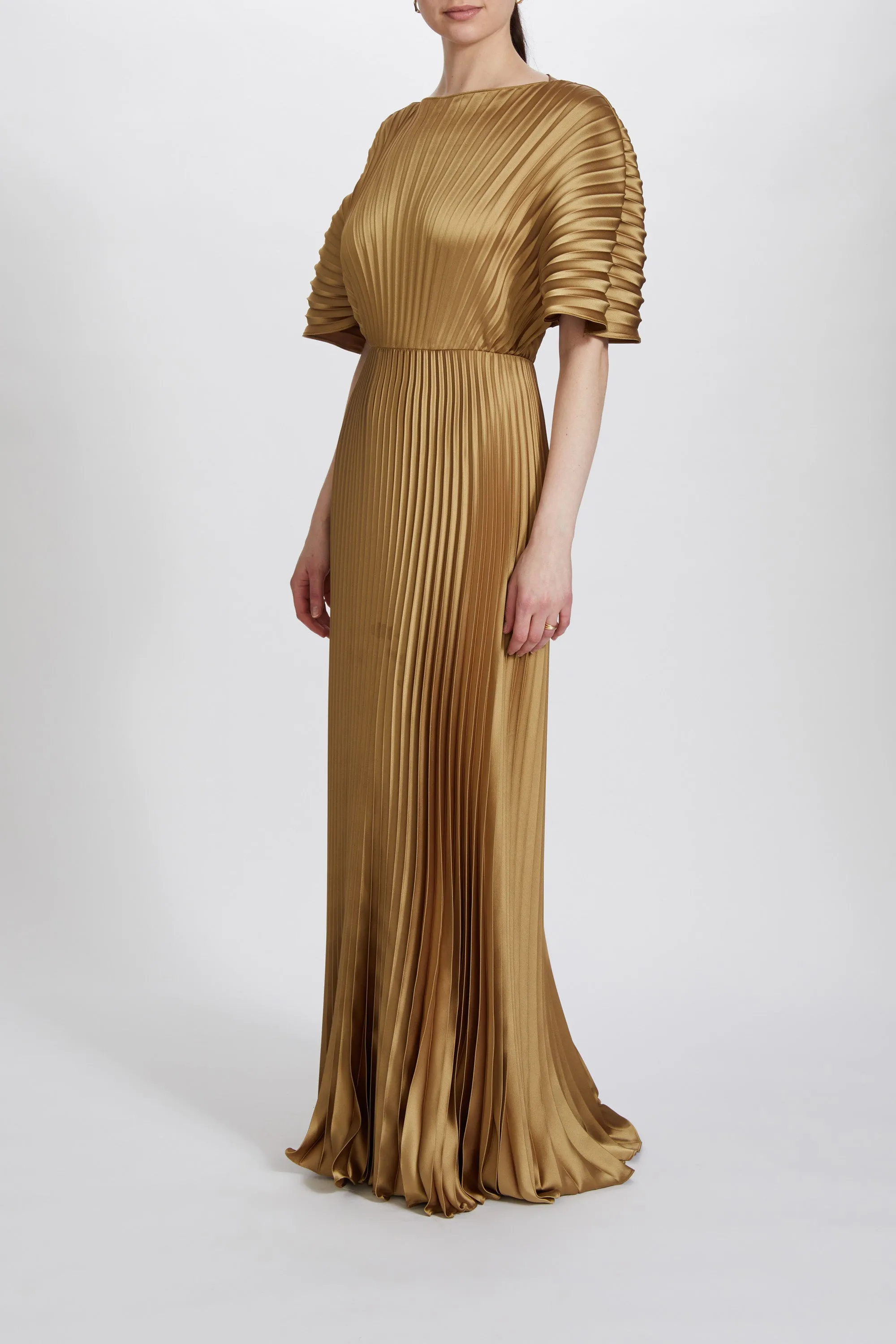 P637S - Fluid Satin Sunburst Pleated Gown sold by Amsale