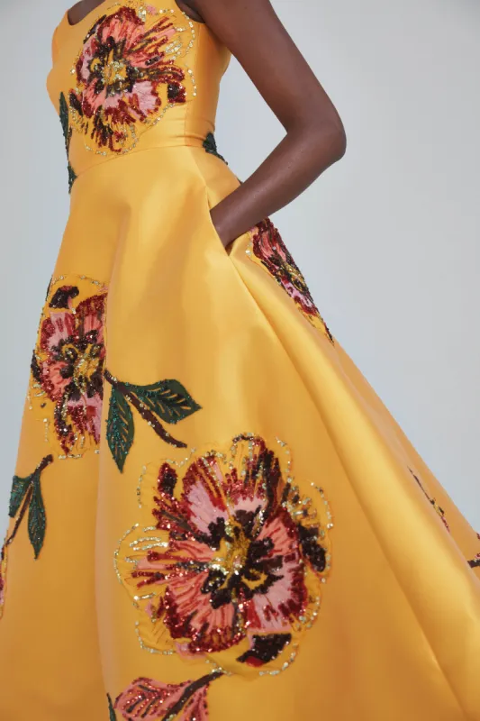 P414M - Floral Mikado Tea-length Dress - Marigold sold by Amsale