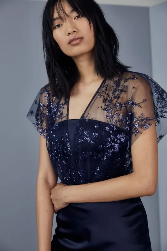 P378 - Sequin embroidered fluid satin gown - Navy sold by Amsale