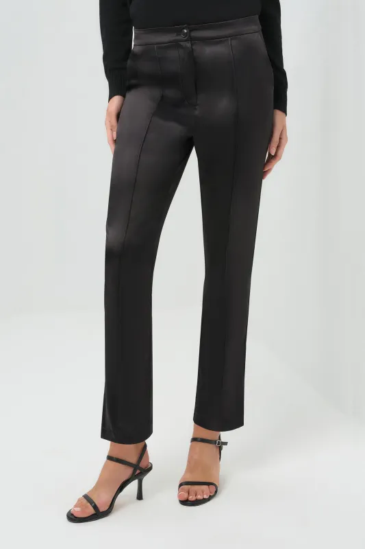 Arden Satin Straight Leg Pant in Black sold by Anatomie
