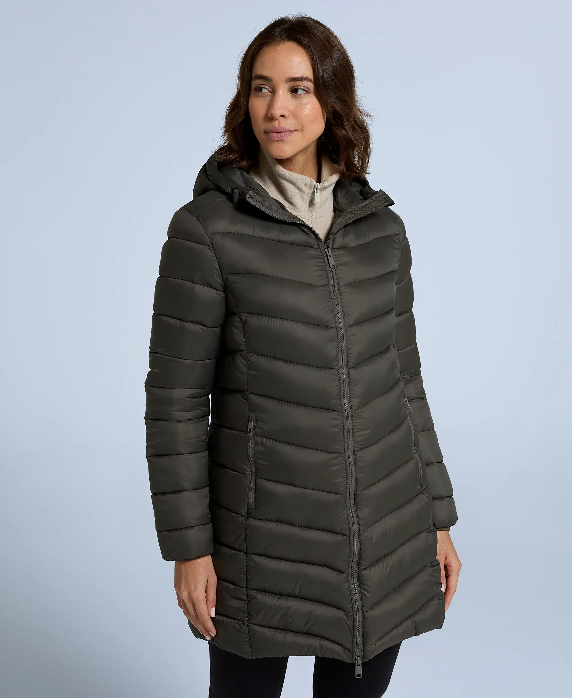 Frankie Womens Longline Padded Jacket - Dark Khaki sold by Animal