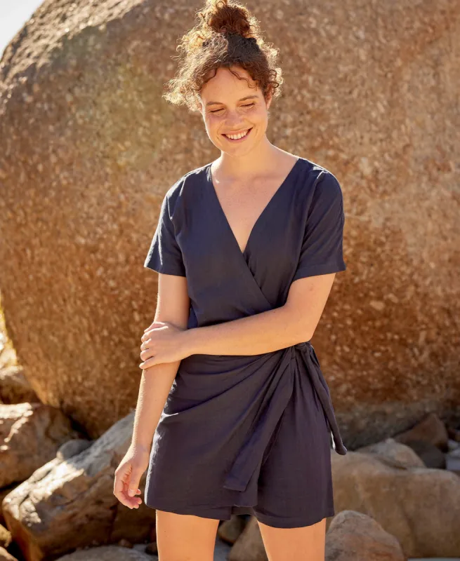 Linen Womens Wrap Playsuit - Navy sold by Animal
